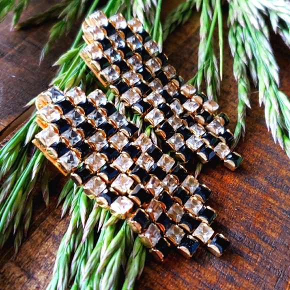 Huge 80's Monet Art Deco Black Clear Glass RS Gold Checker Runway Clip Earrings - Picture 9 of 14